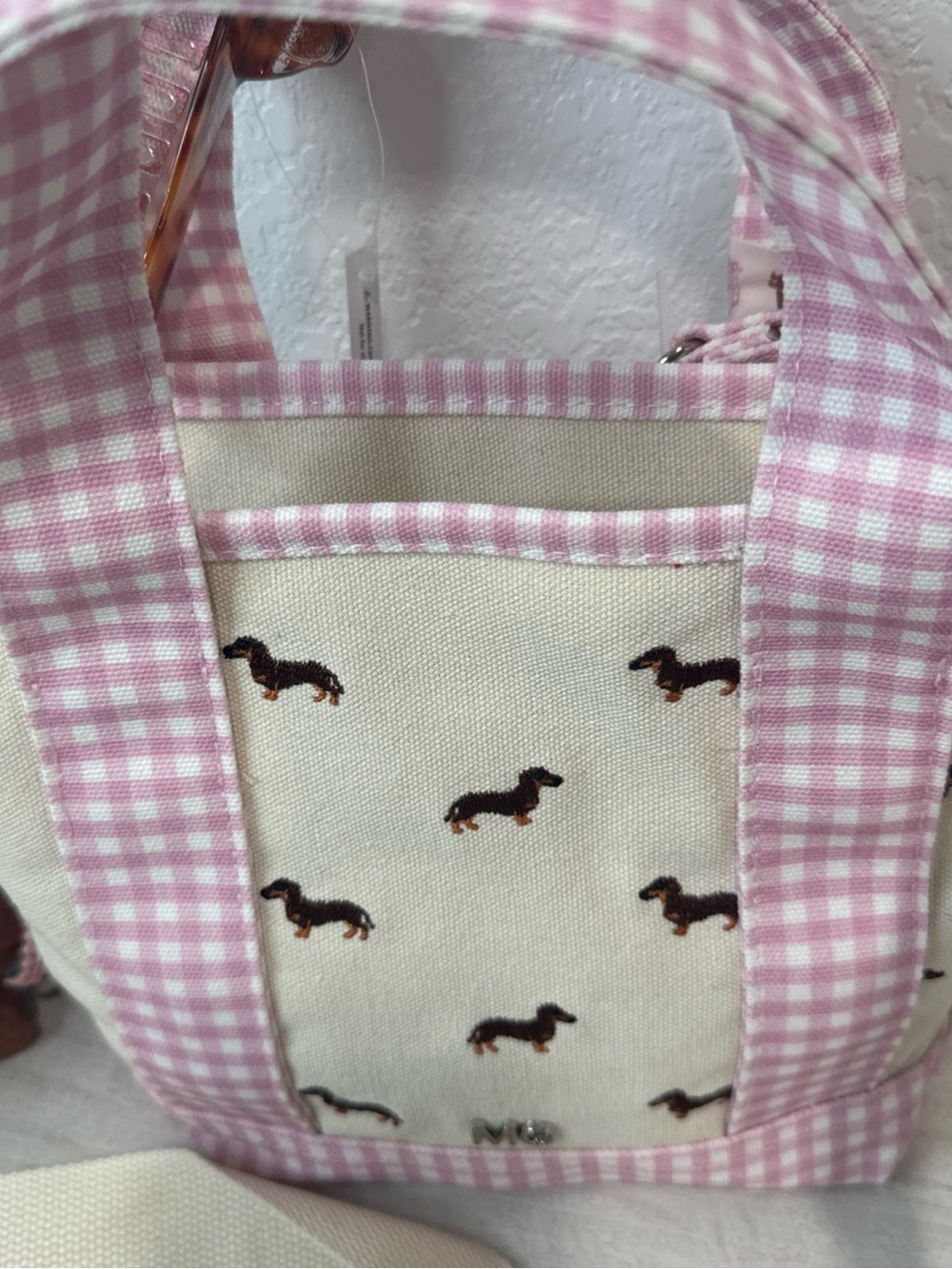 Madden Girl Dachshund Doxie Dog Pink Gingham Vidal Tote Bag CharmS NWT - Picture 10 of 14
